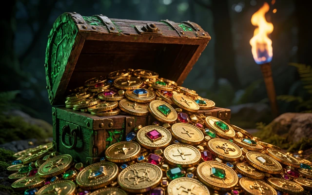 Goldene Schatztruhe mit &uuml;berquellenden M&uuml;nzen als Symbol f&uuml;r progressive Jackpots im WildRobin Casino