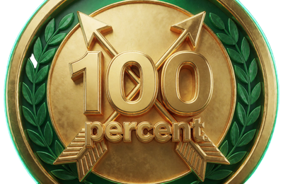 Goldenes 100-Prozent-Badge mit gekreuzten Pfeilen - WildRobin verdoppelt die erste Einzahlung bis 500 &euro;