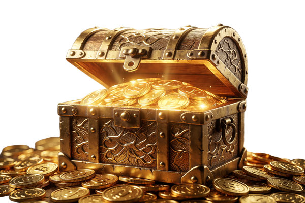 Goldene Schatztruhe voller M&uuml;nzen als Symbol f&uuml;r den 100% WildRobin Willkommensbonus bis 500 &euro;