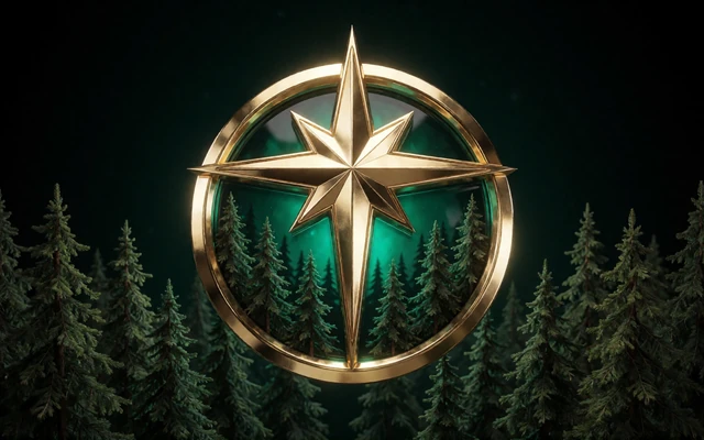 Goldenes Stern-Emblem &uuml;ber einem Nadelwald als Sinnbild f&uuml;r den Provider NetEnt bei WildRobin
