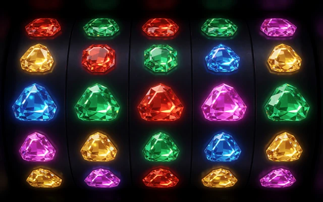 Cluster-Pays-Slot mit leuchtenden Edelstein-Gruppen auf dunklem Walzenraster im WildRobin Online Casino