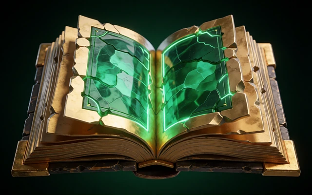 Goldenes Buch-Emblem mit gr&uuml;nem Leuchten als Sinnbild f&uuml;r den Provider Play&rsquo;n GO im WildRobin Casino Deutschland