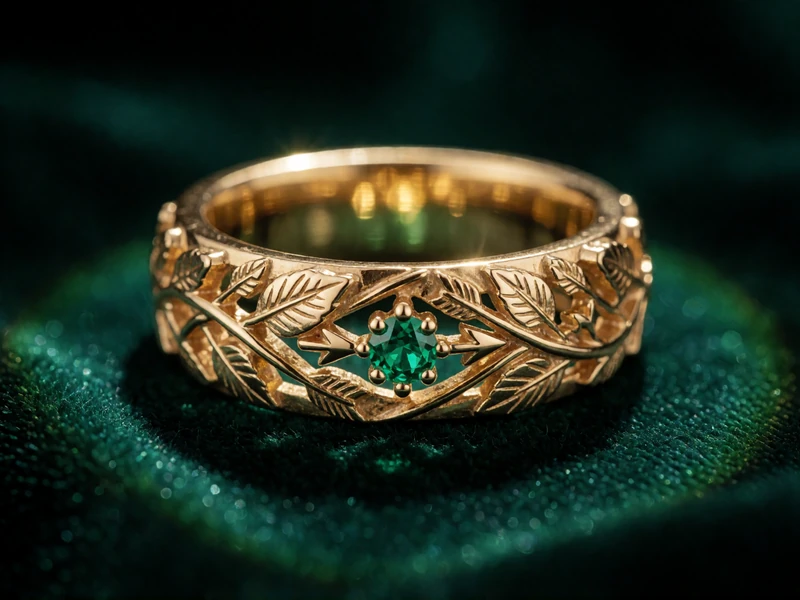 Goldener VIP-Ring mit eingravierten Waldbl&auml;ttern und Pfeilen auf dunkelgr&uuml;nem Samt - WildRobin VIP-Programm und M&uuml;nzen-Shop