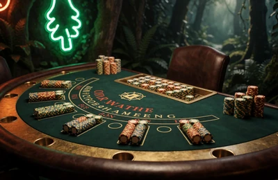 Live Blackjack Tisch mit gr&uuml;nem Filz und goldenen Chips im WildRobin Live Casino