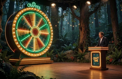 Bunte Live Game Show B&uuml;hne mit gro&szlig;em Gl&uuml;cksrad und Neon-Lichtern im WildRobin Live Casino