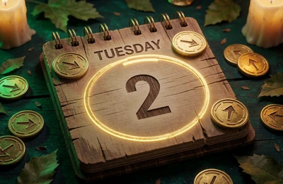 Holzkalender mit golden markiertem Dienstag und Freispiel-M&uuml;nzen - Free Spin Tuesdays im WildRobin Casino