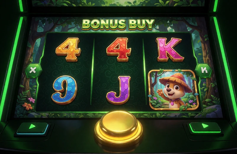 Bonus-Buy-Slot mit leuchtendem Gold-Button und Abenteuersymbolen bei WildRobin