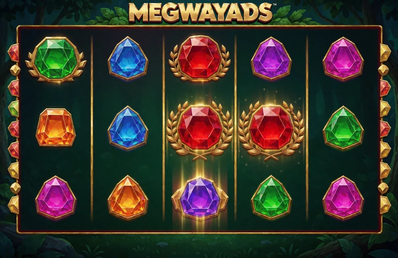 Megaways Slot mit sechs Walzen und Edelstein-Symbolen im WildRobin Online Casino Echtgeld Bereich