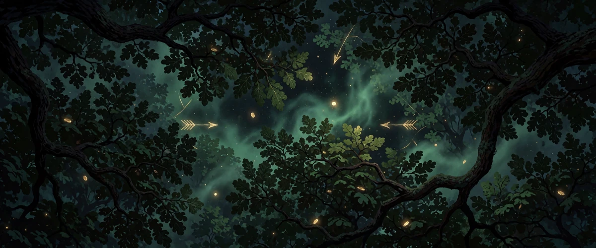 Dunkles Wald-Dach bei Nacht mit golden leuchtenden Pfeil-Motiven zwischen den Bl&auml;ttern - Seiten&uuml;bersicht WildRobin Casino