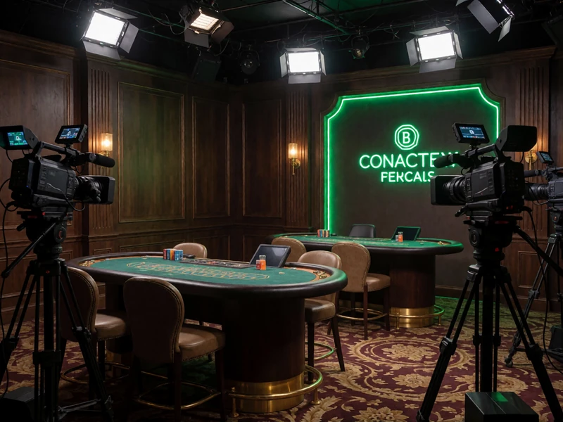 Professionelles Live Dealer Studio mit Neon-Gr&uuml;n-Beleuchtung und goldenen Akzenten im WildRobin Live Casino