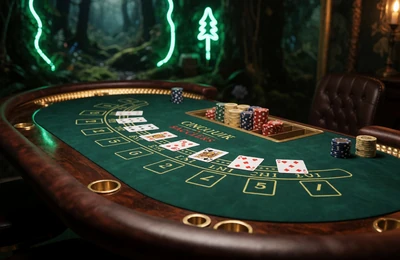 Live Baccarat Tisch mit ausgeteilten Karten und goldenen Akzenten im WildRobin Live Casino
