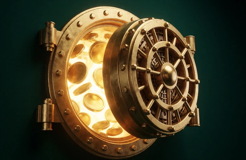Goldener Jackpot-Tresor mit herausstr&ouml;menden M&uuml;nzen f&uuml;r progressive Jackpots bei WildRobin